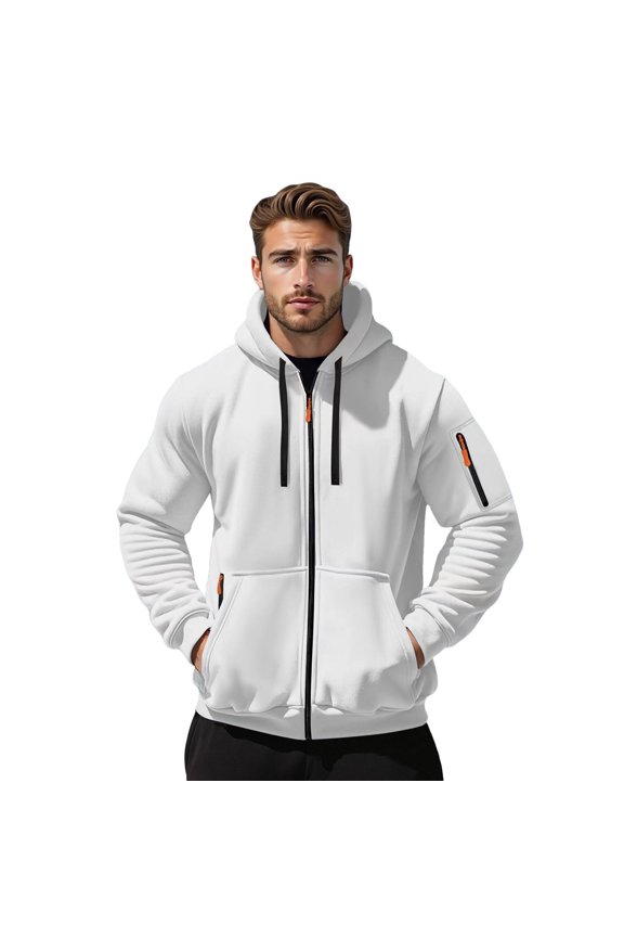 Quarter Zip Pullover for Men Hoodies Casual Sweatshirts Fall Winter Drawstring Jacket with Zip Pockets, White, Size S