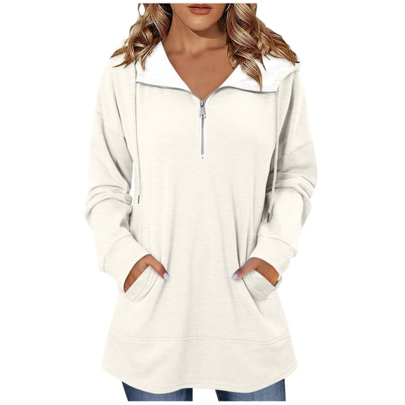 Quarter Zip Pullover for Women Lightweight Solid V-Neck Sweatshirts Long Sleeve Soft Oversized Hood Sweater