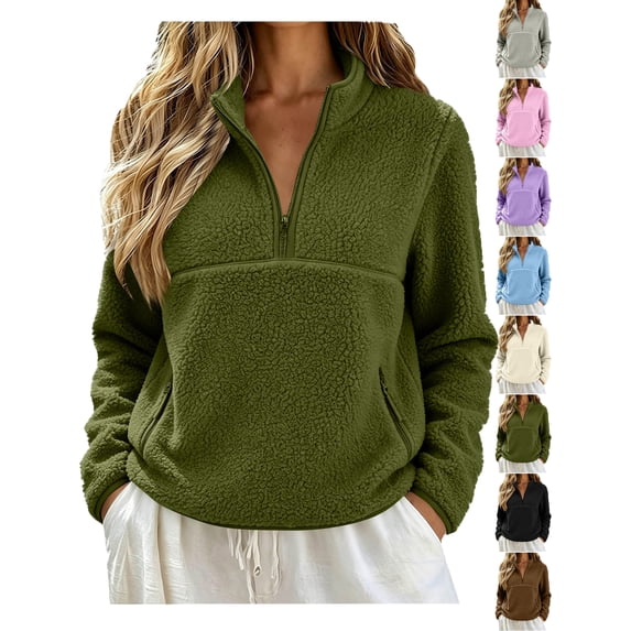 Quarter Zip Pullover for Women, Sherpa Fleece Stand Collar Fuzzy Sweatshirt with Zipper Pockets