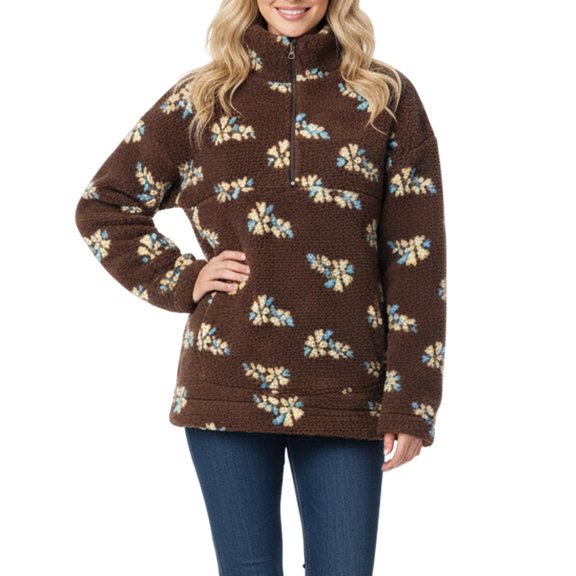 Quarter Zip Sherpa Pullover Women Long Sleeve Floral Soft Fuzzy Quarter Zip Sherpa Sweatshirt for Workout fun