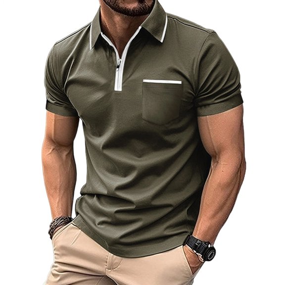Quarter Zip Shirts for Men Short Sleeve Casual Collared Slim Fit Color Block T-shirt with Pockets for Daily Wear