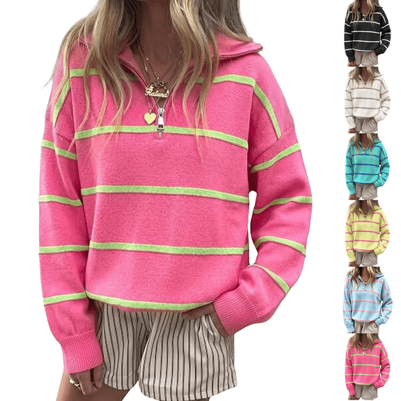 Quarter Zip Striped Sweater Womens Oversized Turtleneck Pullover Top Color Block Long Sleeve Half Zip V Neck Knit Cozy Preppy Sweater Top Fall Winter