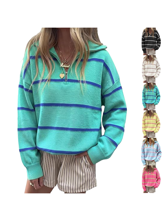 Quarter Zip Striped Sweater Womens Oversized Turtleneck Pullover Top Color Block Long Sleeve Half Zip V Neck Knit Cozy Preppy Sweater Top Fall Winter