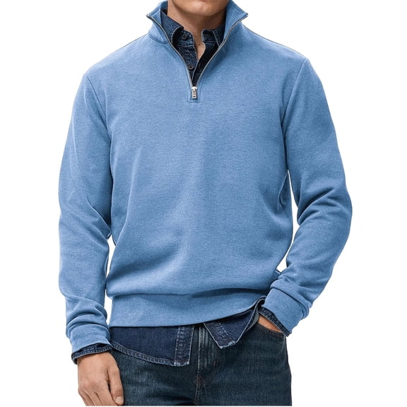 Quarter Zip Sweater Men Mock Neck Fleece Lined Sweatshirt Winter Long Sleeve Casual Pullover Sweater Blue L