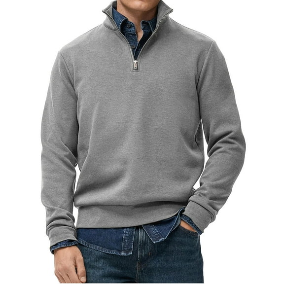 Quarter Zip Sweater Men Mock Neck Fleece Lined Sweatshirt Winter Long Sleeve Casual Pullover Sweater Gray 2XL