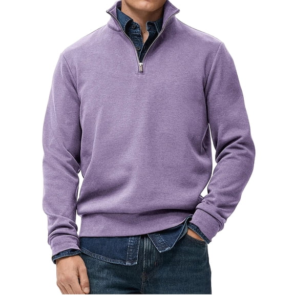 Quarter Zip Sweater Men Mock Neck Fleece Lined Sweatshirt Winter Long Sleeve Casual Pullover Sweater Purple XL