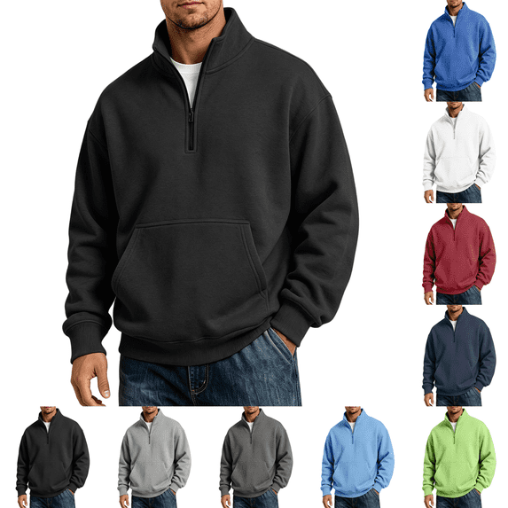 Quarter Zip Sweatshirt Men Stand Collar Athletic Fleece Pullover 1/4 Lightweight Ribbed Hem Cuffs Loose Fit Tops Active Fall Long Sleeve Casual Sweatshirts Black L