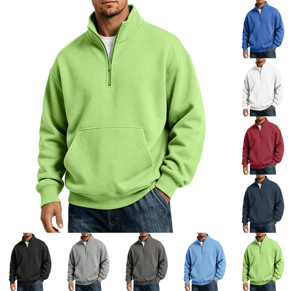 Quarter Zip Sweatshirt Men Stand Collar Athletic Fleece Pullover 1/4 Lightweight Ribbed Hem Cuffs Loose Fit Tops Active Fall Long Sleeve Casual Sweatshirts Green S