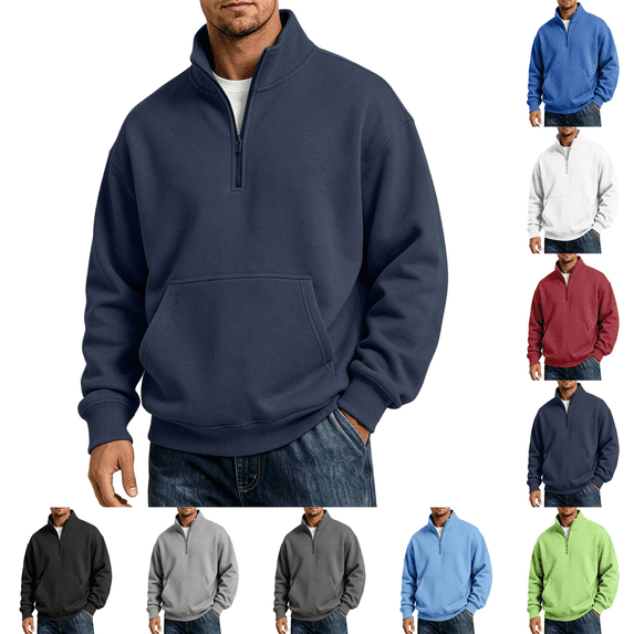 Quarter Zip Sweatshirt Men Stand Collar Athletic Fleece Pullover 1/4 Lightweight Ribbed Hem Cuffs Loose Fit Tops Active Fall Long Sleeve Casual Sweatshirts Navy M