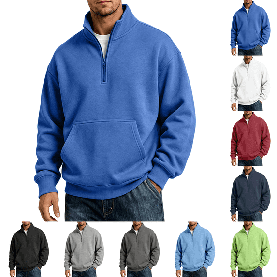 Quarter Zip Sweatshirt Men Stand Collar Athletic Fleece Pullover 1/4 Lightweight Ribbed Hem Cuffs Loose Fit Tops Active Fall Long Sleeve Casual Sweatshirts Blue S