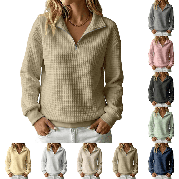 Quarter Zip Sweatshirt Women Collared Waffle Knit Oversized Hoodie 1/4 Zipper, Ribbed Sleeve Cuffs, Drop Shoulder, Long Sleeve, Soft Fabric, Workout, Athletic, Fall, Pullover Hoodies