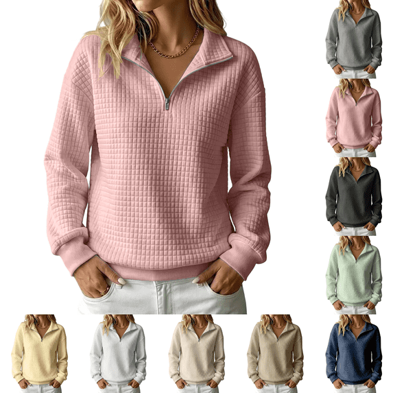 Quarter Zip Sweatshirt Women Collared Waffle Knit Oversized Hoodie 1/4 Zipper, Ribbed Sleeve Cuffs, Drop Shoulder, Long Sleeve, Soft Fabric, Workout, Athletic, Fall, Pullover Hoodies