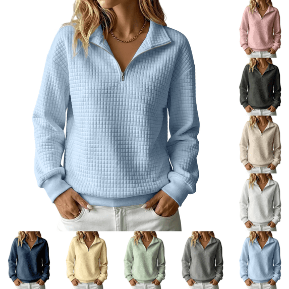 Quarter Zip Sweatshirt Women Collared Waffle Knit Oversized Hoodie 1/4 Zipper Ribbed Sleeve Cuffs Long Sleeve Soft Workout Fall Pullover Hoodies