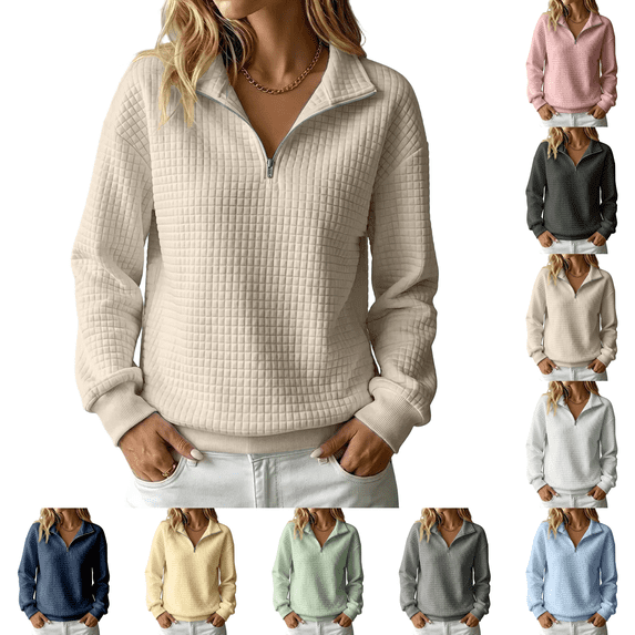 Quarter Zip Sweatshirt Women Collared Waffle Knit Oversized Hoodie 1/4 Zipper Ribbed Sleeve Cuffs Long Sleeve Soft Workout Fall Pullover Hoodies