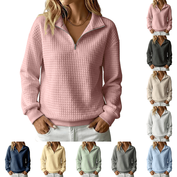 Quarter Zip Sweatshirt Women Collared Waffle Knit Oversized Hoodie 1/4 Zipper Ribbed Sleeve Cuffs Long Sleeve Soft Workout Fall Pullover Hoodies