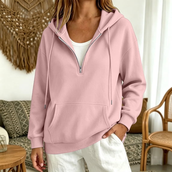 Quarter Zip Sweatshirt Women Half Zipper Workout Oversized Hoodies with Pocket Lightweight Y2K Pullover 2026 Tops Pink S