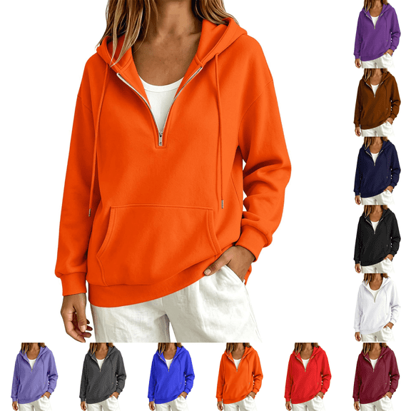 Quarter Zip Sweatshirt Women Half Zipper Workout Oversized Hoodies with Pocket Lightweight Y2K Pullover Clothes Orange XL