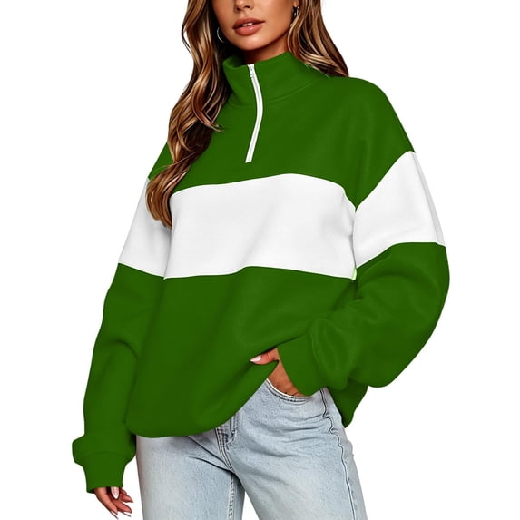 Quarter Zip Sweatshirt Women Stand Collar Color Block Fleece Pullover Lightweight Casual Loose Long Sleeve Fall Sweatshirt No Hood Green-a XL