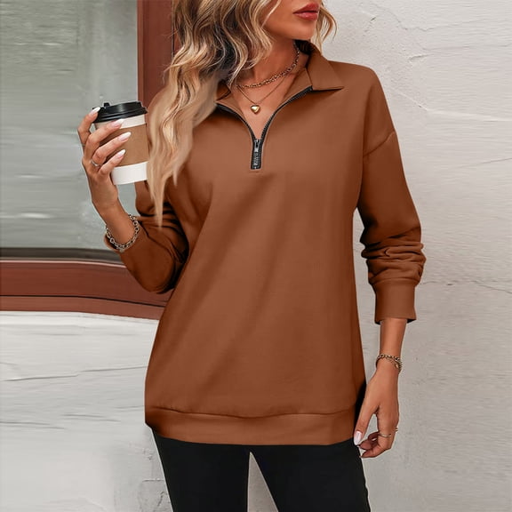 Quarter Zip Sweatshirts Long Sleeve Polo Shirts for Women V Neck Collared Tops Loose Fit Brown S