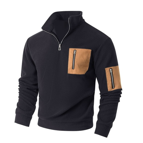 Quarter Zip Sweatshirts for Mens Casual Polars Fleece Pullover Patchwork Color Splicing Sweatshirt Multi Pocket Stand-Up Collar Shirts Tops