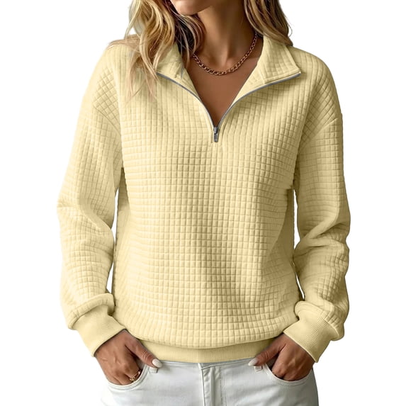 Quarter Zip Tops for women Ribbed Sleeve Cuffs Women Workout Pullover Hoodies Collared Waffle Knit Oversized Sweatshirt