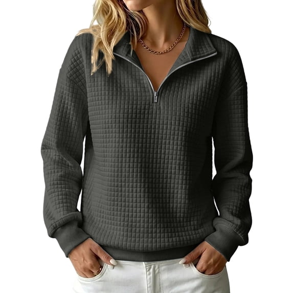 Quarter Zip Tops for women Ribbed Sleeve Cuffs Women Workout Pullover Hoodies Collared Waffle Knit Oversized Sweatshirt