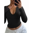 thumbnail image 1 of Quarter Zip V Neck Long Sleeve Cropped Top Going Out Tops for Womens Fall Fashion 2025 Black L, 1 of 6