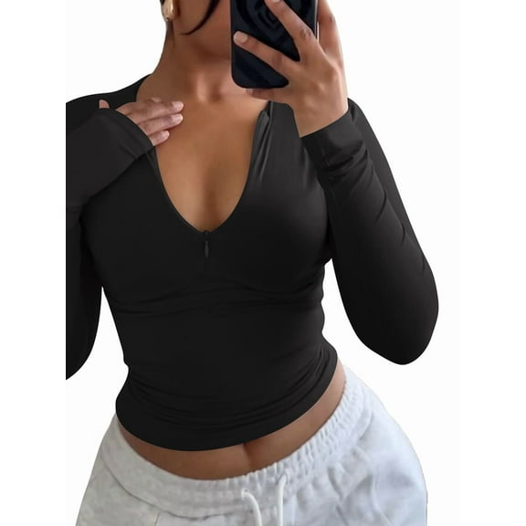 Quarter Zip V Neck Long Sleeve Cropped Top Going Out Tops for Womens Fall Fashion 2025 Black L