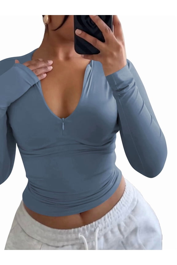 Quarter Zip V Neck Long Sleeve Cropped Top Going Out Tops for Womens Fall Fashion 2025 Gray Blue L