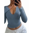 thumbnail image 1 of Quarter Zip V Neck Long Sleeve Cropped Top Going Out Tops for Womens Fall Fashion 2025 Gray Blue M, 1 of 6
