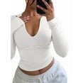 thumbnail image 1 of Quarter Zip V Neck Long Sleeve Cropped Top Going Out Tops for Womens Fall Fashion 2025 White L, 1 of 6