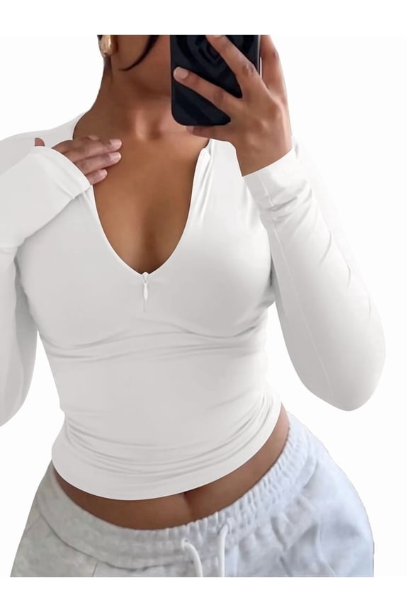 Quarter Zip V Neck Long Sleeve Cropped Top Going Out Tops for Womens Fall Fashion 2025 White M