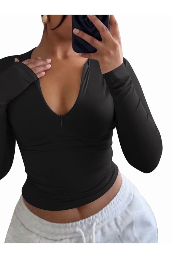 Quarter Zip V Neck Long Sleeve Cropped Top Going Out Tops for Womens Fall Fashion 2025