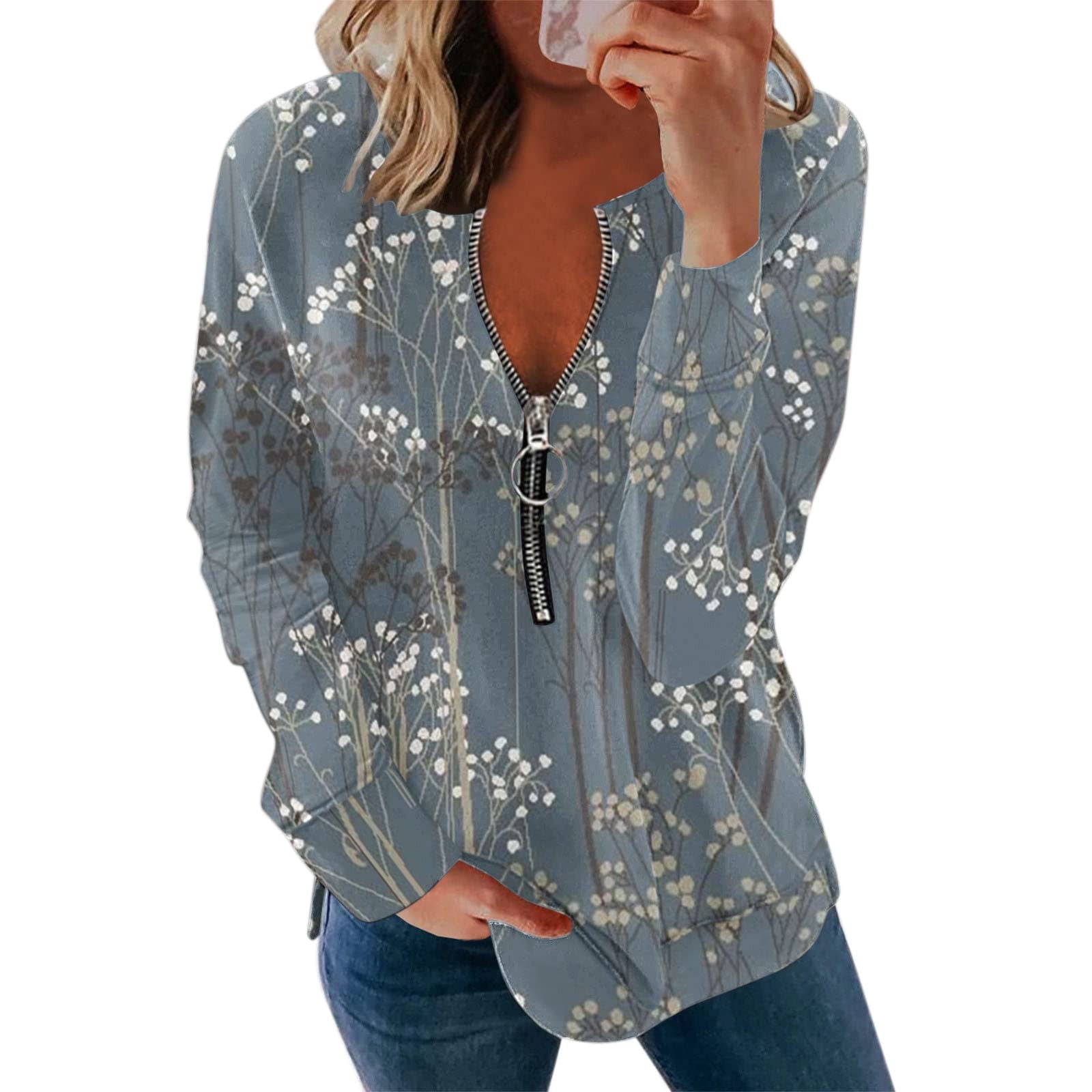 Quarter Zip V Neck Pullover Trendy Western Tops for Women ss Fall