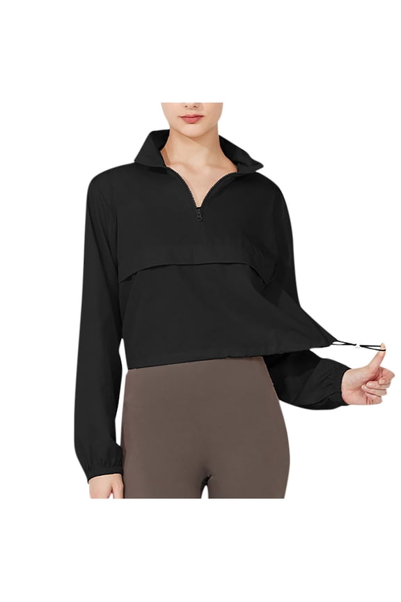 Quarter Zip Women Cropped Sweatshirt Long Sleeve Crop Top Stand Collar Drawstring Casual Solid Pullover Workout Athletic Running Shirts