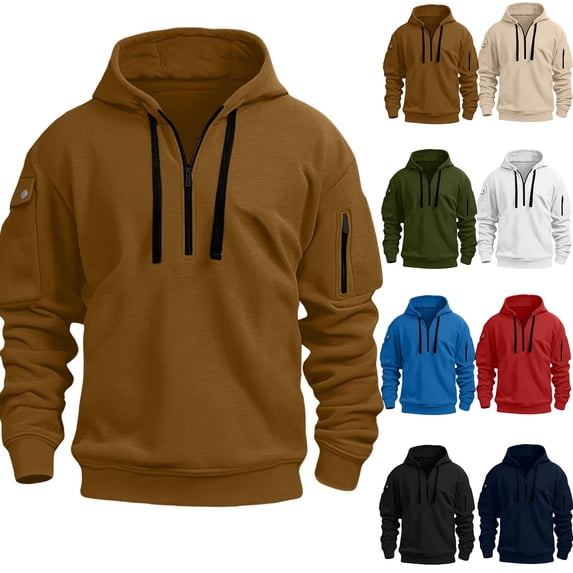Quarter Zip Workout Pullover Men Solid Color Oversized Drawstring Hoodies with Pockets Lightweight Tactical Cargo Sweatshirts Beige,L
