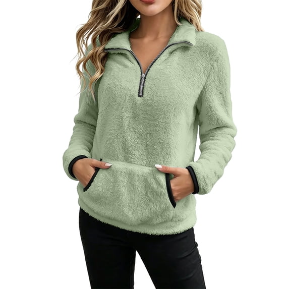 Quarter Zip Sweatshirt for Women - Sherpa Fleece Stand Neck Pullover Tops - Fall Long Sleeve Cozy Pullover Cost with Pockets