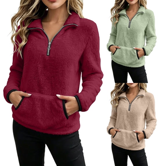 Quarter Zip Sweatshirt for Women - Sherpa Fleece Stand Neck Pullover Tops - Fall Long Sleeve Cozy Pullover Cost with Pockets