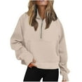 thumbnail image 1 of Quarter Zipper Pullover Women,Womens Sweatshirts Half Zipper Crop Pullover Solid Color Funnel Neck Fleece Lined Zip Up Long Sleeve Tops with Thumb Hole, 1 of 7
