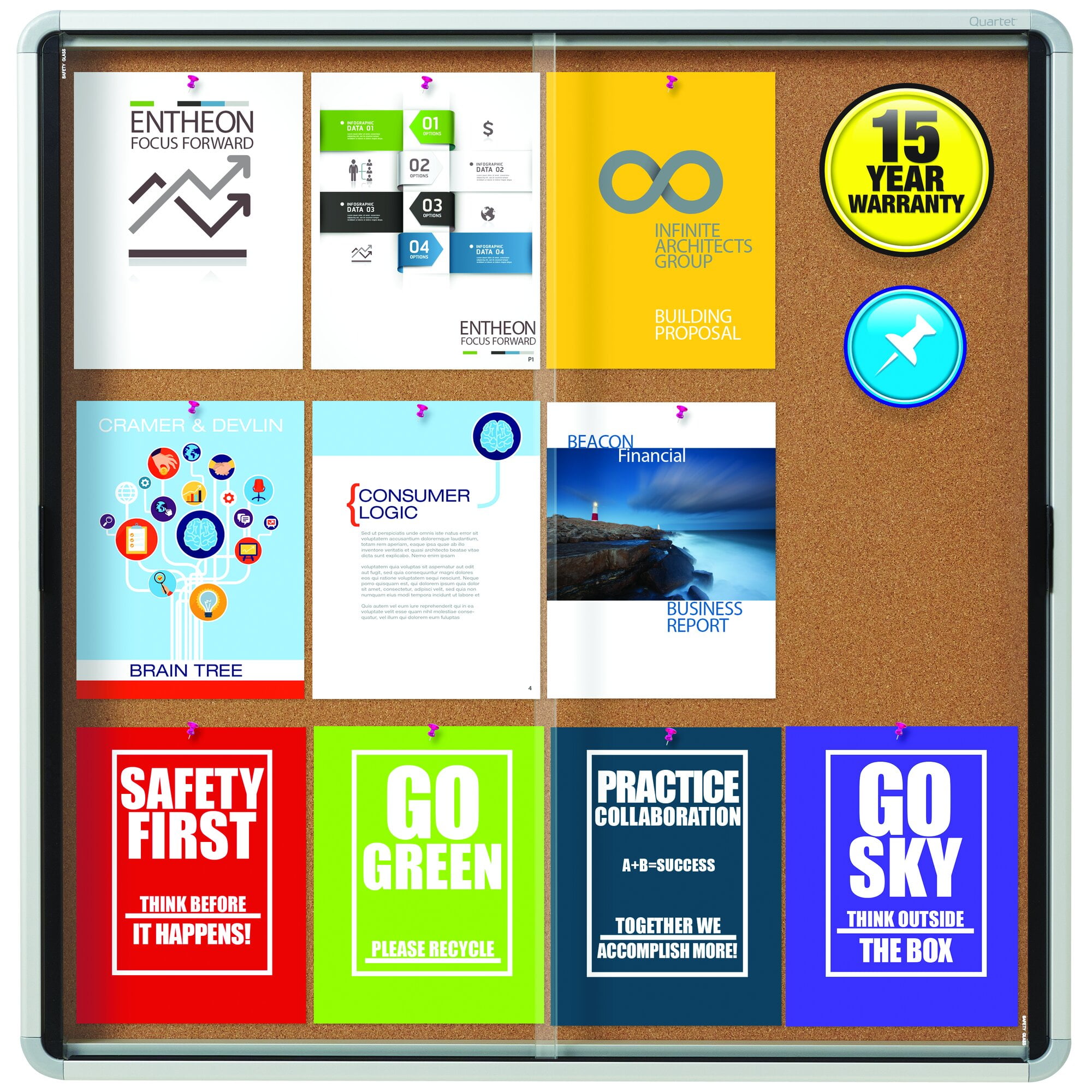 Quartet Enclosed Cork Bulletin Board, 38" x 39" or 12 Sheets, 2 Sliding Doors, Aluminum Frame EISC3938