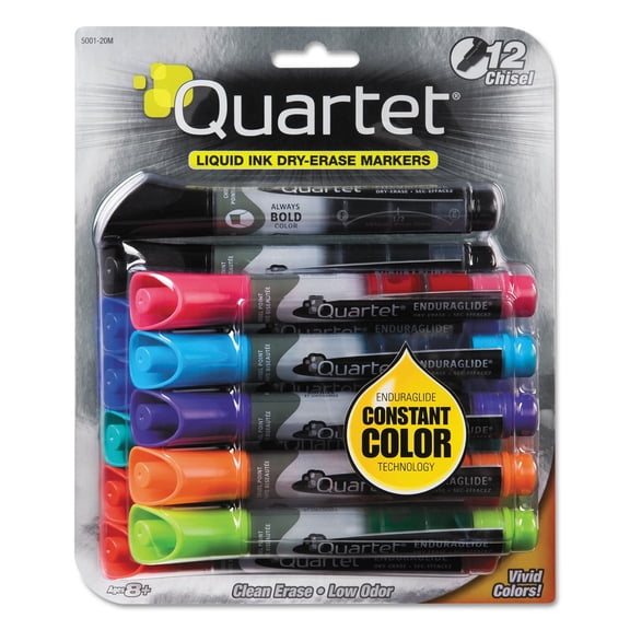 Quartet Enduraglide Dry Erase Marker, Broad Chisel Tip, Assorted Colors, 12 Per Set, Qrt500120m