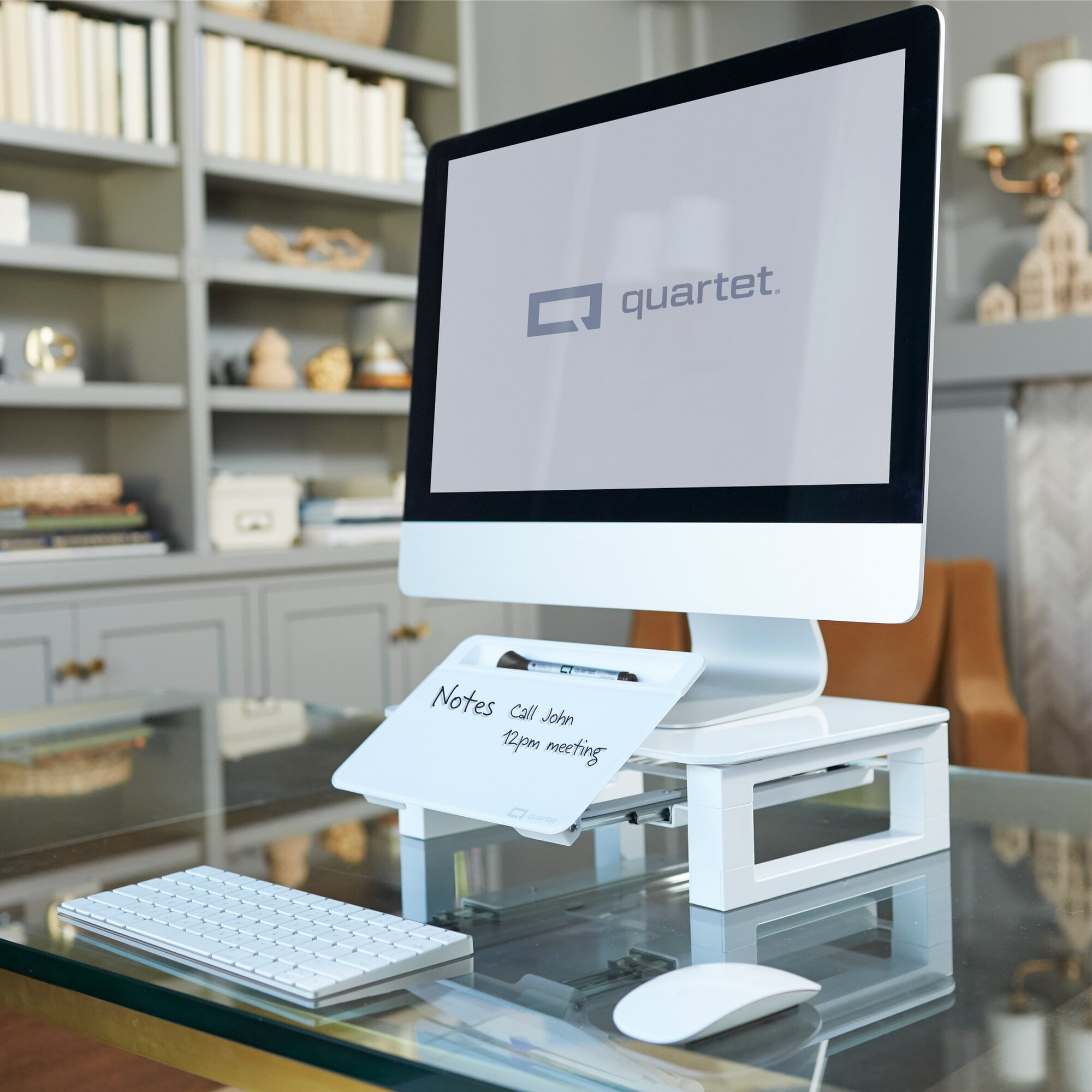 White Tempered Glass Adjustable Desktop Monitor Stand with Dry-Erase Board