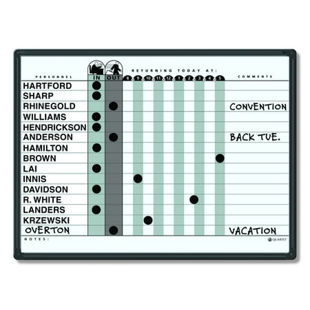 Quartet 781G 24 in. x 18 in. 15-Person Employee In/Out Tracking Board System - White/Gray Surface/Black Aluminum Frame