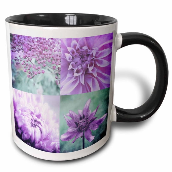 3drose, Quartet of Four Flower Images in Pastel Matte Purple, 11oz Two-tone Black Mug