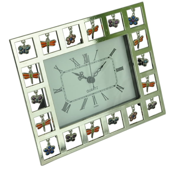 Quartz Clock Dragon Flies Flowers Enamel Charms Cast Metal Pewter Office Home