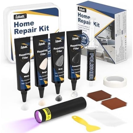 Quartz Countertop Repair Kit, Granite & Marble Repair Kit with 4*15g Filler(White,Beige, Gray,Clear), 30s Repair Chip, Hole, Scratch, Crack Fiberglass, Porcelain, Ceramic Tile, Bath Tub, Sink