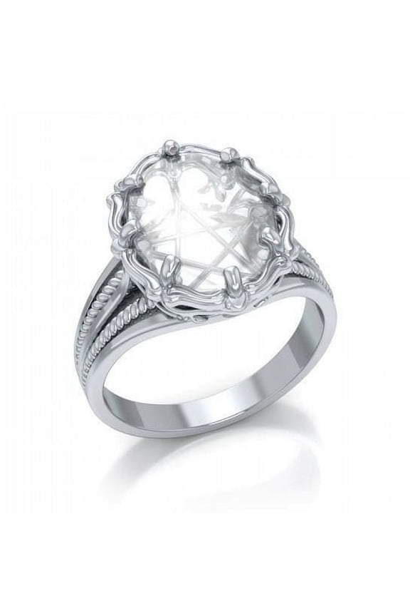 Quartz Crystal Gemstone Pentacle 925 Sterling Silver Ring Fine Wiccan Jewelry