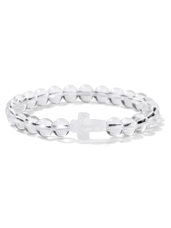 Quartz Crystal Gemstone Round Beaded Smooth Adjustable Stretch Bracelet White Clear Silver T167