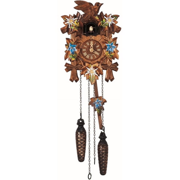 Quartz Cuckoo Clock 5 leaves, bird, with music, handpainted edelweiss and enzian