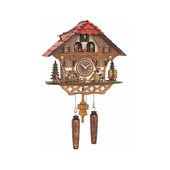 Quartz Cuckoo Clock Black Forest house with moving beer drinker and mill wheel, with music TU 4208 QMT HZZG